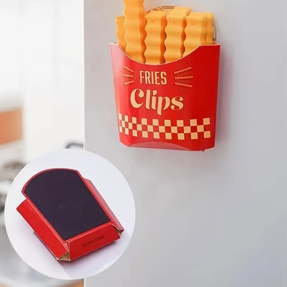 Imán para refrigerador con 12 clips FRIES CLIPS. Reusables para cerrar bolsas y empaques.